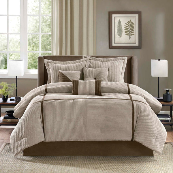 English Elm 7 Piece Dallas Micro Corduroy Comforter Set Taupe Queen – Cozy Brushed Reverse, Chocolate Taping, Lightweight Warmth B03596929