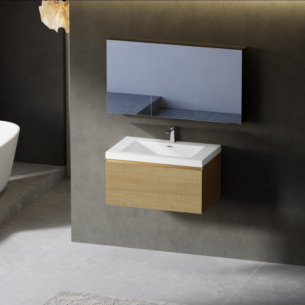 English Elm 30'' Wall Mounted Bathroom Vanity Smoked Walnut Fluted Cabinet Matte Black Basin W1920P385437