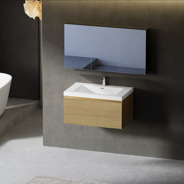 English Elm 30'' Wall Mounted Bathroom Vanity Smoked Walnut Fluted Cabinet Matte Black Basin W1920P385437