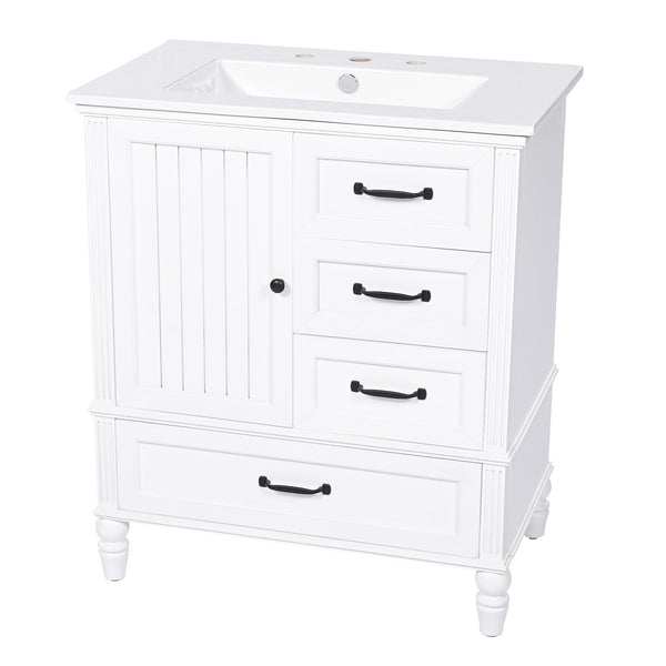 English Elm Christopher Knight Home® - 30" Bathroom Vanity with Ceramic Sink, Acacia & MDF Cabinet, Soft-Close Door & Drawers White N759P346895K