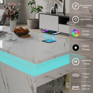 English Elm Coffee Table with Led Lighting Bluetooth Speaker Wireless Charging and Faux Marble Top White T3773P415726