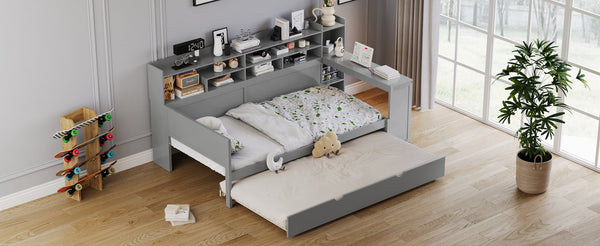 English Elm Wooden Twin Daybed with Trundle, Built-In Desk and Side Storage Shelves for Space-Saving Living Gray 54.4 L x 18 W x 5.6 H N733S242275E