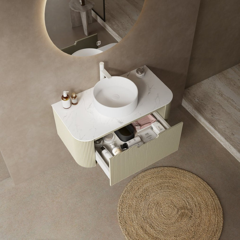 English Elm Dina Floating Bathroom Vanity Sintered Stone Top Glass Basin Striped Plywood Cabinet W2615S00561