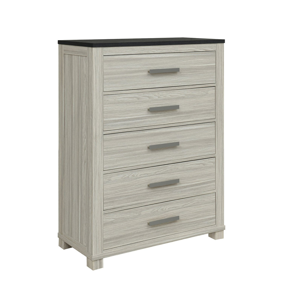 English Elm Augusta Solid Wood Chest with Dark Brown Top, Spacious Drawers and Silver Bar Handles, Stylish beige brown 43.11 L x 20.67 W x 57.28 H B201P390563