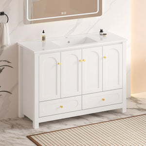 English Elm 48" White Mdf Bathroom Vanity with Integrated Resin Basin Six Storage Soft Close Doors W3133S00028