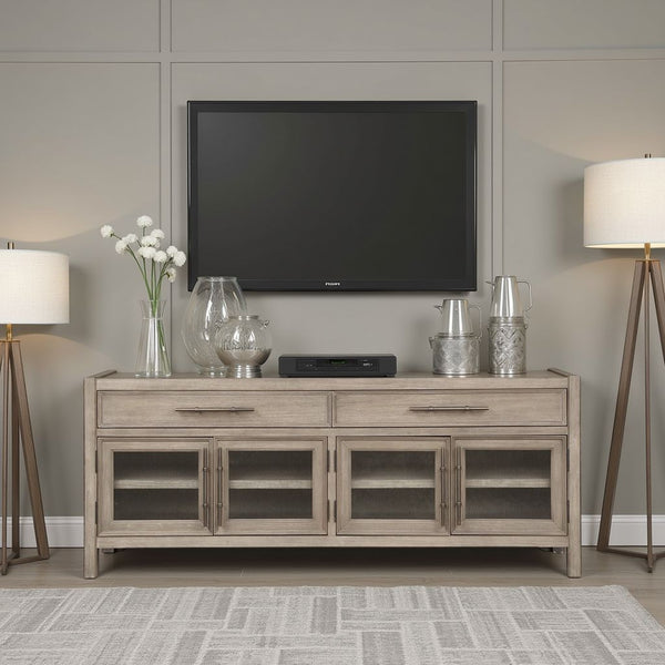 English Elm 65 inch TV Stand Console White Oak Finish — Fully Assembled, Seeded Glass Doors, Rubbed Bronze Hardware, Ample Storage, Fits TVs to 75" B108P163862