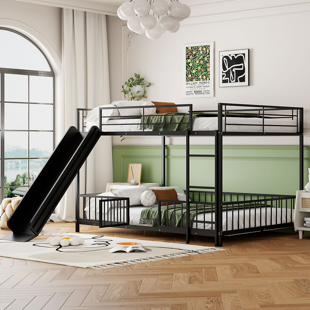 English Elm Full Full over Full Metal Bunk Bed with Slide, Interchangeable Stairs, Gate & Safety Guardrails for Kids Black SF000170AAB