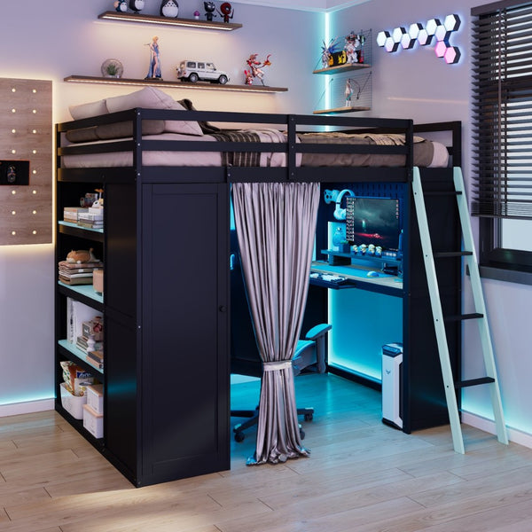 English Elm Full Size Wood Loft Bed with Wardrobe Desk Shelves Rgb Lighting and Blackout Curtains Black+Blue LT000269AAC-1