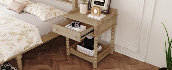 English Elm Retro Bedside Nightstand with Turned Rubberwood Legs Open Shelf and Drawer Storage Natural N733P206240M