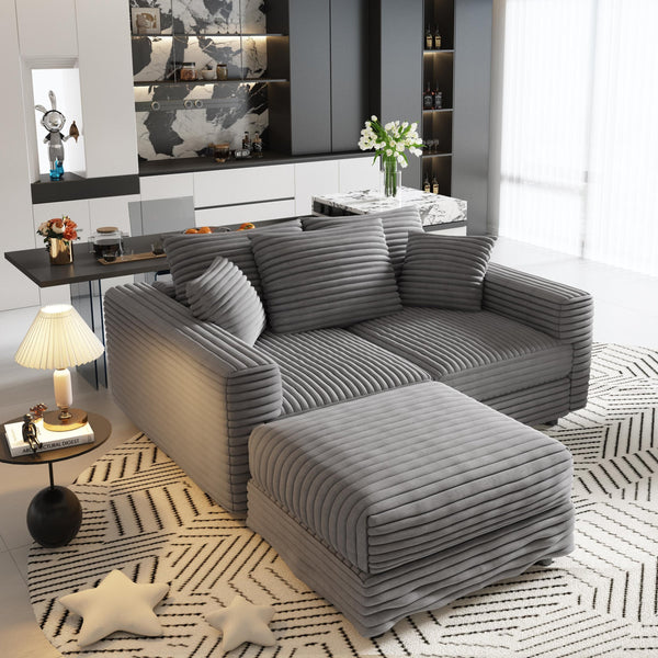 English Elm 82.7" Plush Corduroy 3-Seat Sofa - Modern Cloud Couch With Ottoman, Soft Pillows, And Versatile Design W1885S00147