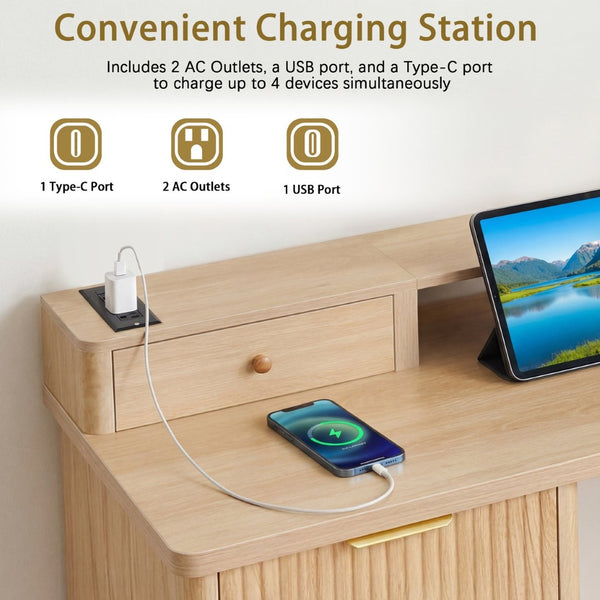 English Elm 59" Fluted Oak L-shaped Corner Desk with Charging Station Monitor Stand and File Storage Light Oak W2917S00005