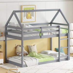 English Elm Twin Rubber Wood Floor Bunk Bed House-Shaped Design with Ladder Guardrails Sturdy Low-Profile Retreat Grey W504P206863