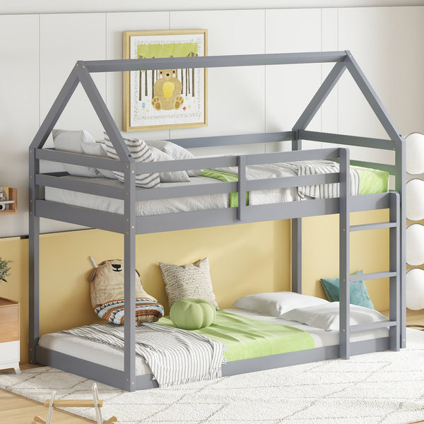 English Elm Twin Rubber Wood Floor Bunk Bed House-Shaped Design with Ladder Guardrails Sturdy Low-Profile Retreat Grey W504P206863