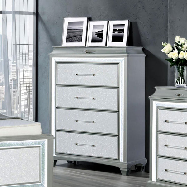 English Elm Glamour Metallic Gray 5-Drawer Chest 40"W x 54"H Glamorous Acrylic Trim LED Handles Modern Bedroom B2741P396695