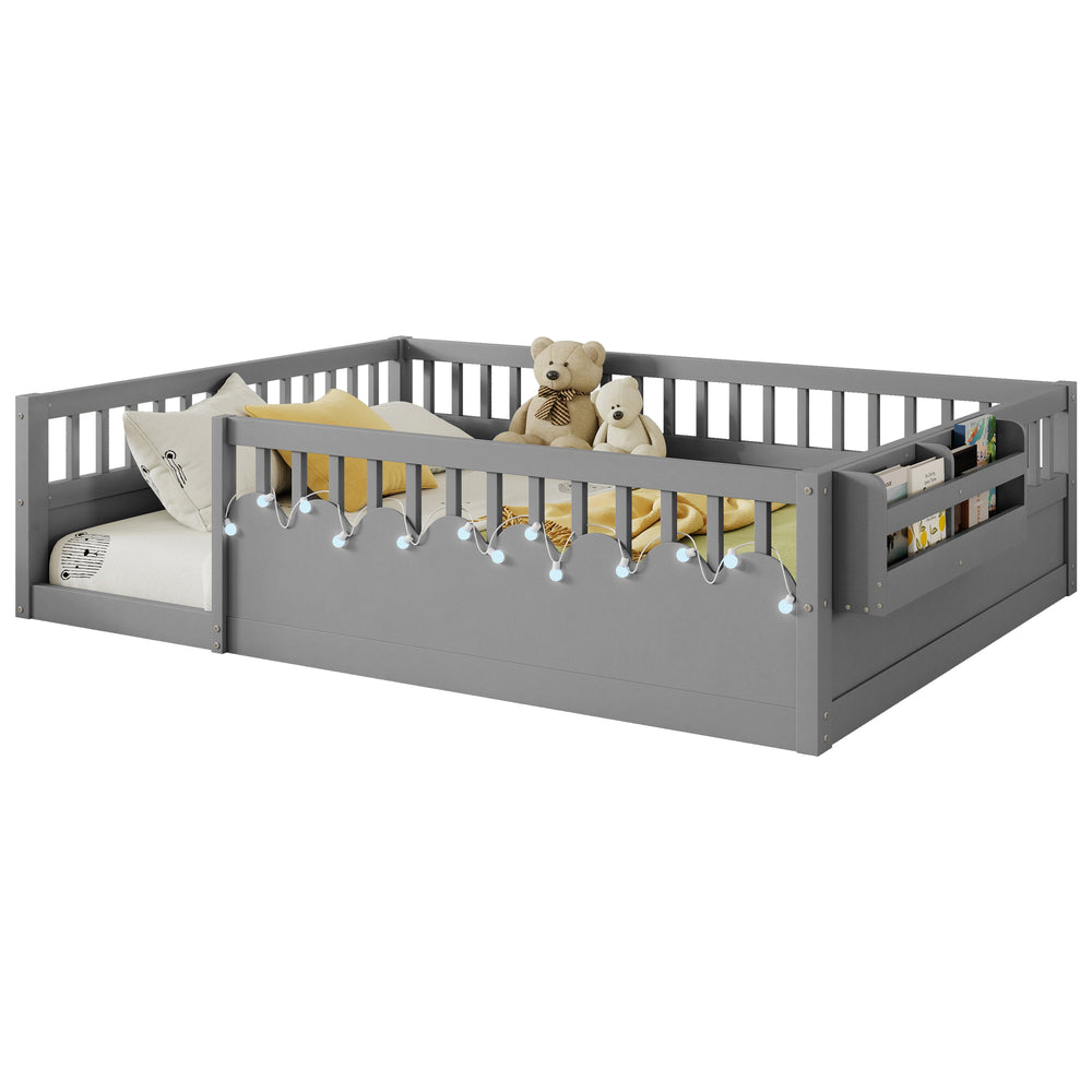 English Elm Full Montessori floor bed offering high rails, built-in light and shelf for safe independent sleep and storage Grey 79.13 L x 13 W x 6.3 H W2593P333796