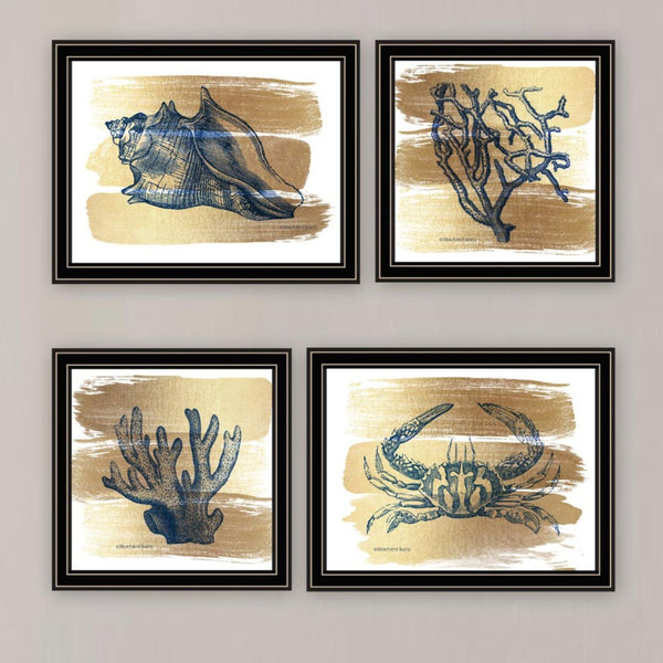 English Elm Trendy Gold Sea Coastal Four Panel Matte Black Framed Art Set for Living Room B067P255239