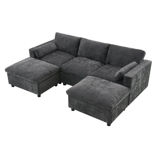 English Elm [video]86.5'' Chenille U-shaped Sectional with Dual Ottomans and Storage Pockets for Living Rooms Dark Gray N723S7723E
