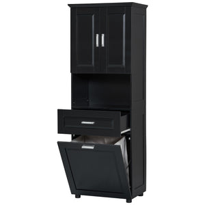 English Elm Tall Bathroom Cabinet with Tilt-Out Laundry Hamper, Adjustable Shelves, Anti-Tip Design & Large Storage Black WF323481AAB