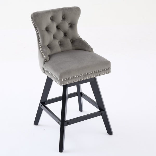 English Elm Swivel Velvet Barstool with Tufted Back, 360° Swivel, Plush Foam & Steel Spring Seat, Sturdy Wood Frame (Set of 2) Gray W1143P241330