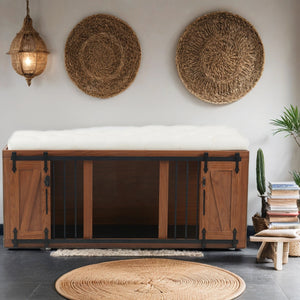 English Elm 56"L, 56"L Mid-Century Walnut Dog Crate Bench Ottoman with Sliding Barn Door, Padded Removable Cushion, Wheels, 300lb耐 N843P293660W