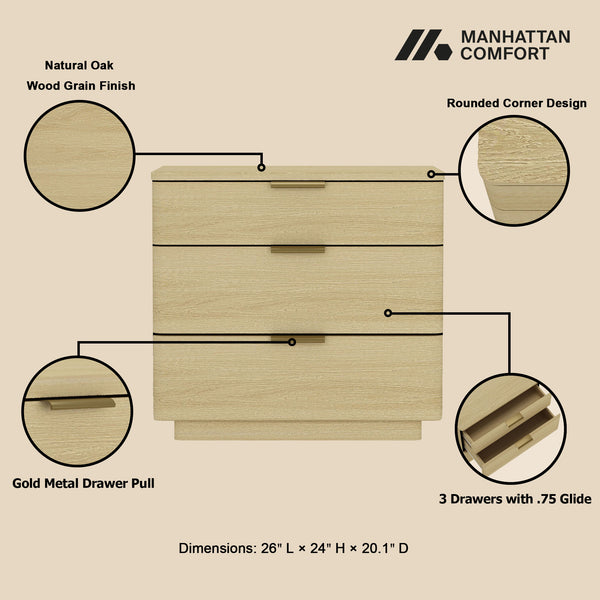 English Elm Payton 26" Nightstand Natural Oak with 3 Drawers, Rounded Corners, Metal Glam Handles, Pedestal Base B365P398195