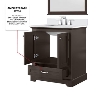 English Elm Espresso 30 in. Single Bath Vanity with Cultured Marble Top, Solid Wood, Soft-Close, Pre-Drilled Faucet B2731P258323