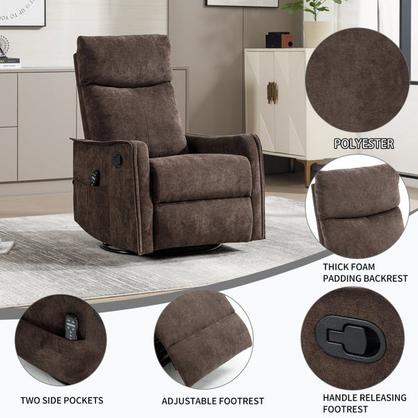 English Elm Heat Massage Rocker Swivel Recliner Fabric Chair with Lumbar Therapy for Living Room Brown W1803P362305