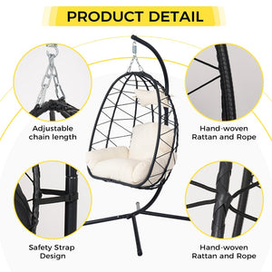 English Elm Hanging Egg Swing Chair Pe Wicker Ergonomic Cradle with Stand for Patio or Bedroom T5880P497556