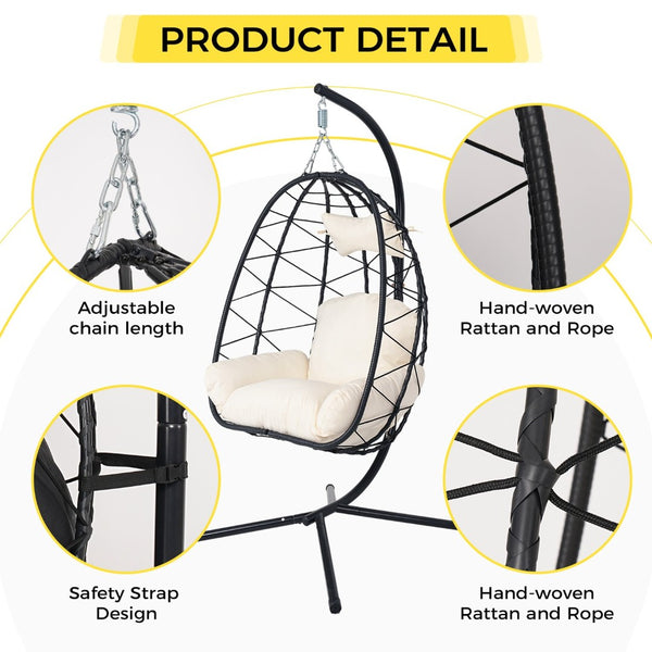 English Elm Hanging Egg Swing Chair Pe Wicker Ergonomic Cradle with Stand for Patio or Bedroom T5880P497556
