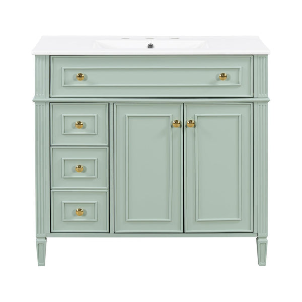 English Elm 36 Inch Freestanding Bathroom Vanity Sage Pine Cabinet Gold Hardware Ceramic Sink Green N725P366468G