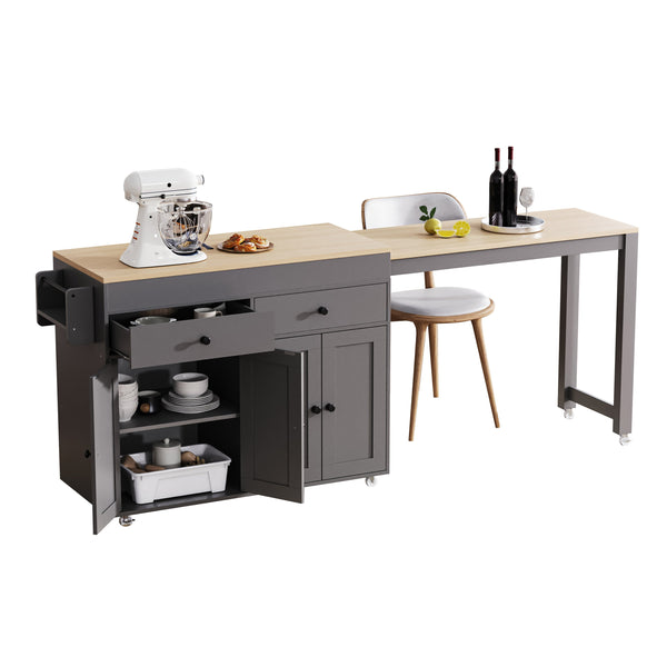 English Elm K&K 74.5" Kitchen Island with 27" Extendable Dining Table, 4-Door Storage, 2 Drawers, Rolling Cart Grey N707S000009G