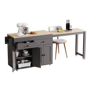 English Elm K&K 74.5" Kitchen Island with 27" Extendable Dining Table, 4 Doors, 2 Drawers, Spice Rack, Wheels Grey N707P333291G