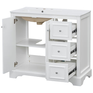 English Elm 36'' Transitional Bathroom Vanity with Ceramic Sink, Solid Wood Frame, Adjustable U-Shelf & Soft-Close Doors White N729P292966K