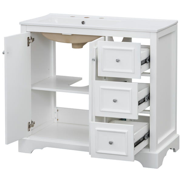 English Elm 36'' Transitional Bathroom Vanity with Ceramic Sink, Solid Wood Frame, Adjustable U-Shelf & Soft-Close Doors White N729P292966K