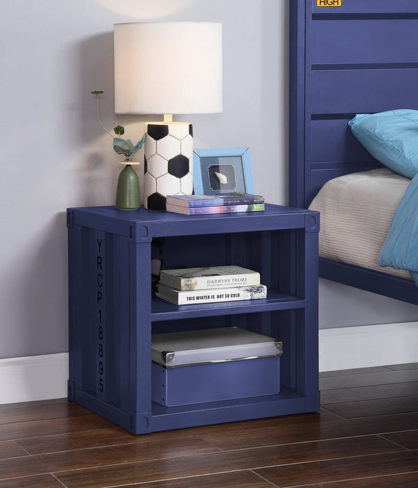English Elm Cargo Blue Finish Nightstand W/USB with 2 Open Compartments, Metal Industrial Design, Built-In USB Ports B2726P263380