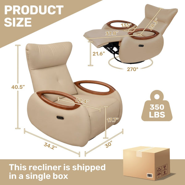 English Elm Power Recliner Chair with 260 Degree Swivel Oak Armrests and Eco Leather Upholstery W3795P499257