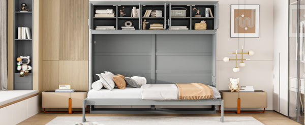 English Elm Full Size Murphy Wall Bed with Top Cabinet Storage for Studio or Guest Room LP006664AAE-1
