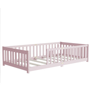 English Elm Twin Size Floor Bed With Safe Guardrails - Durable Rubberwood, Eco-Friendly Pink Design For Kids W504P286399-GIGA