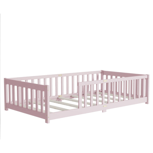 English Elm Twin Low Profile Rubberwood Floor Bed with Full Safety Fence for Toddler Rooms Pink W504P429338