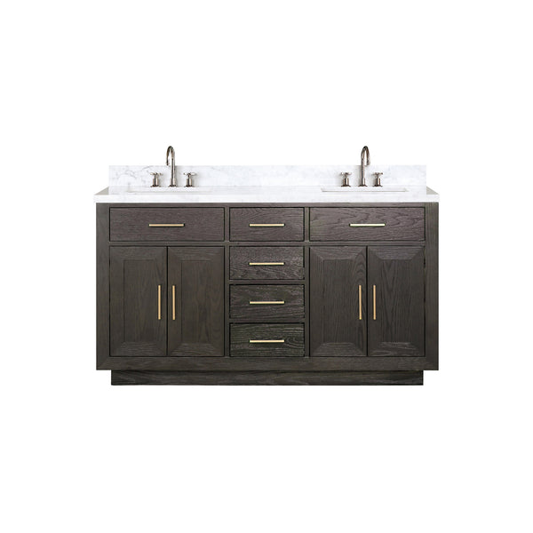 English Elm Brown Oak Double Bath Vanity: 60" Carrara Marble Top, Chrome Faucets, Soft-Close Storage Solution B2731P257734