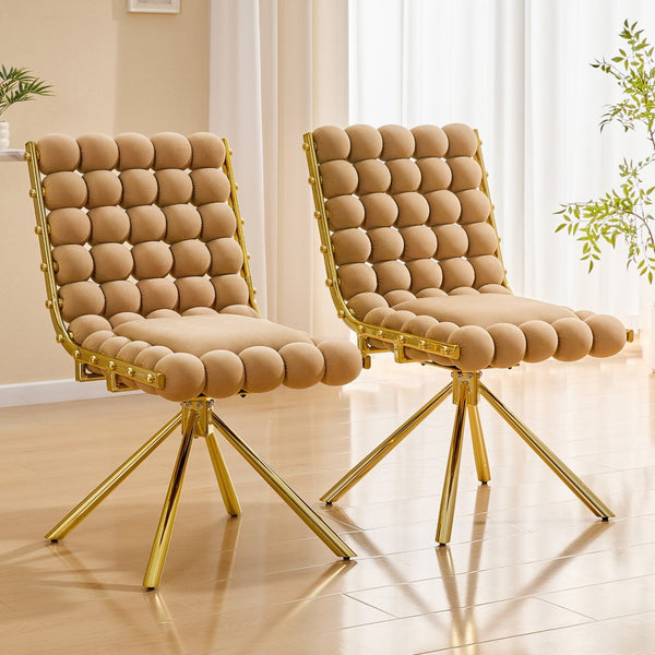 English Elm Cream Dutch Velvet Swivel Chair Tufted Bubble Backrest Glam Armless Accent Seat Brown,Gold W3875P448018