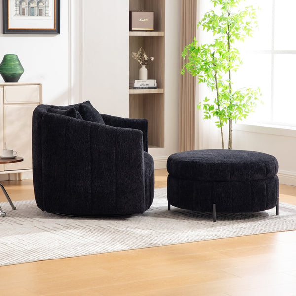 English Elm 39"w Swivel Barrel Club Chair with Channel Tufted Chenille and Round Storage Ottoman Set Black W3118S00050