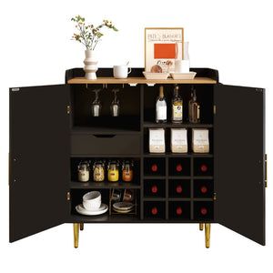 English Elm Modern Fluted Bar Cabinet with Wine Rack Glass Holders Adjustable Shelving and Hidden Drawer Black N728P438606B