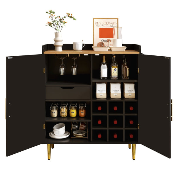 English Elm Modern Fluted Bar Cabinet with Wine Rack Glass Holders Adjustable Shelving and Hidden Drawer Black N728P438606B