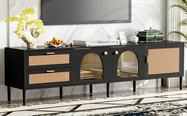 English Elm Rattan Black TV Stand with 3 Cabinets & 2 Rattan Drawers, LED Media Console, Cable Management, 80" N710P206015B