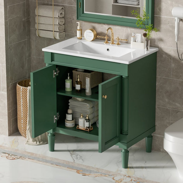 English Elm 30" French Style Bathroom Vanity with Ceramic Basin Soft Close Doors Wood Legs Green N710P415327F