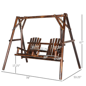 English Elm Wooden Fir Log A-frame Porch Swing Freestanding 2 Seat with Built-in Center Table T3971S00230
