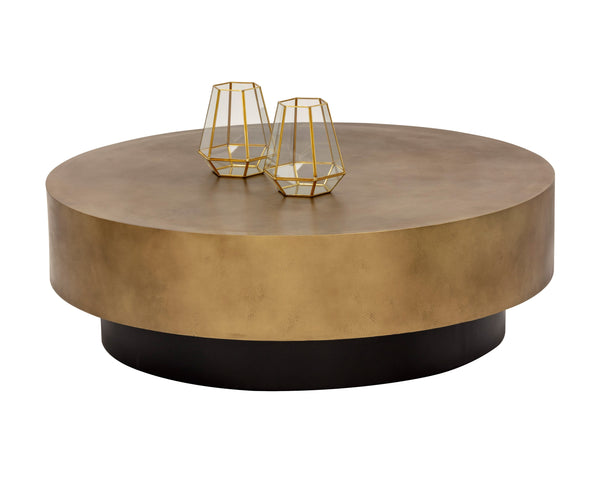 Sunpan Bernaby Coffee Table - Contemporary Round Design with Hand-Painted Metal Top and Unique Craftsmanship Antique Brass
