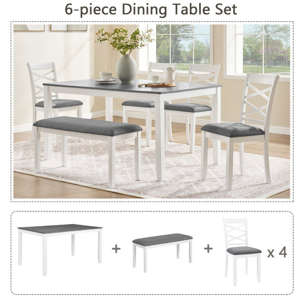English Elm 6 Piece Rubberwood Dining Set with Bench and Linen Chairs for Transitional Kitchen W1998S00099