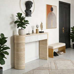 English Elm Entryway Console Table with Fluted Drawers Warm Woodgrain Finish for Hallway or Sofa W3040P455735